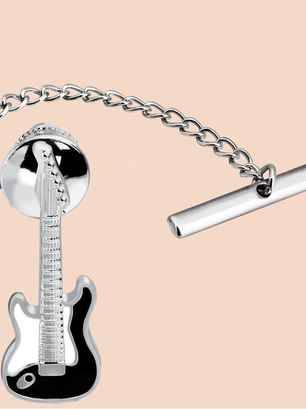Men's Silver and Black Electric Guitar Tie Bar by